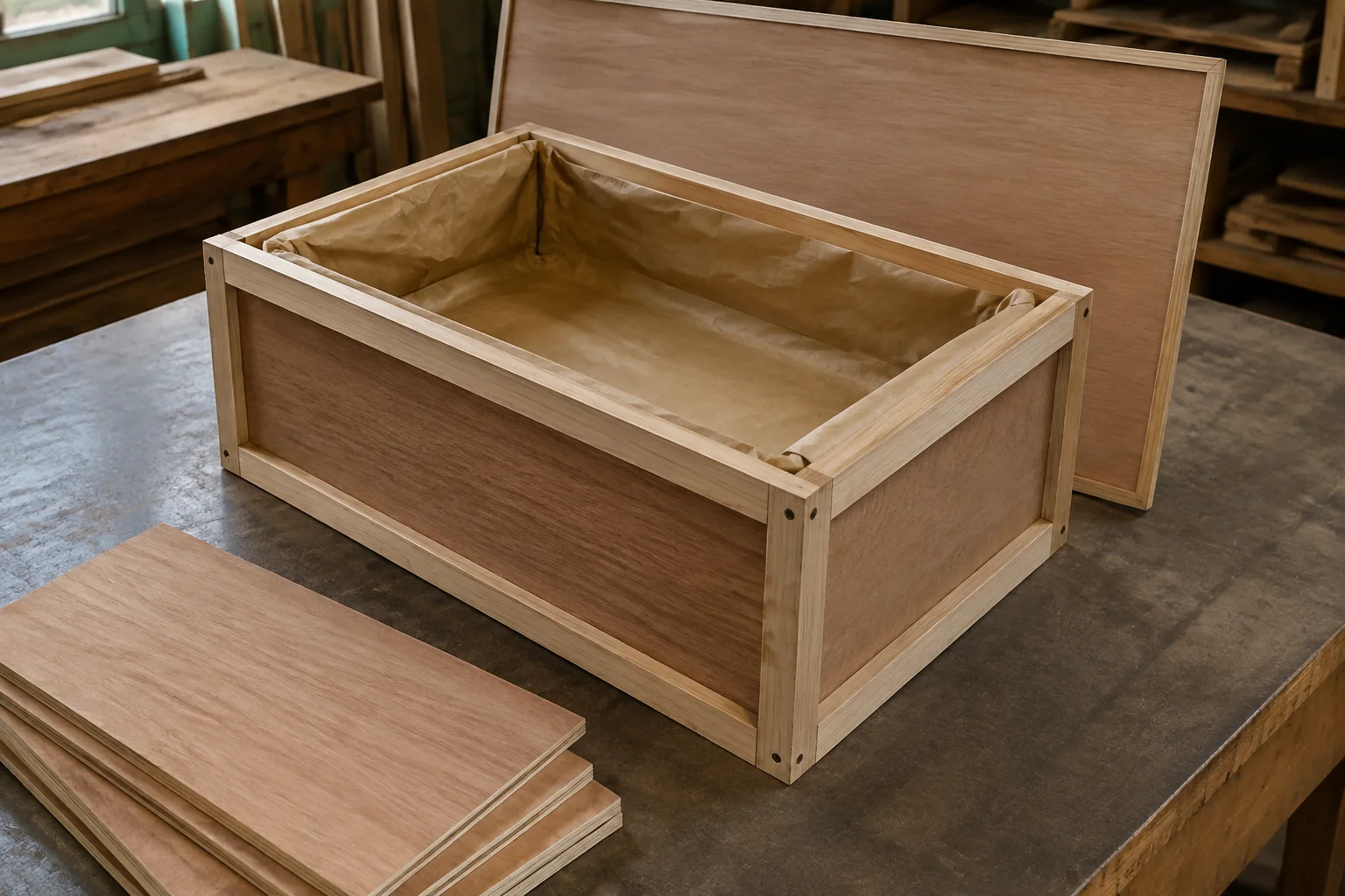 Open plywood packing case with a paper liner and cut side panels.