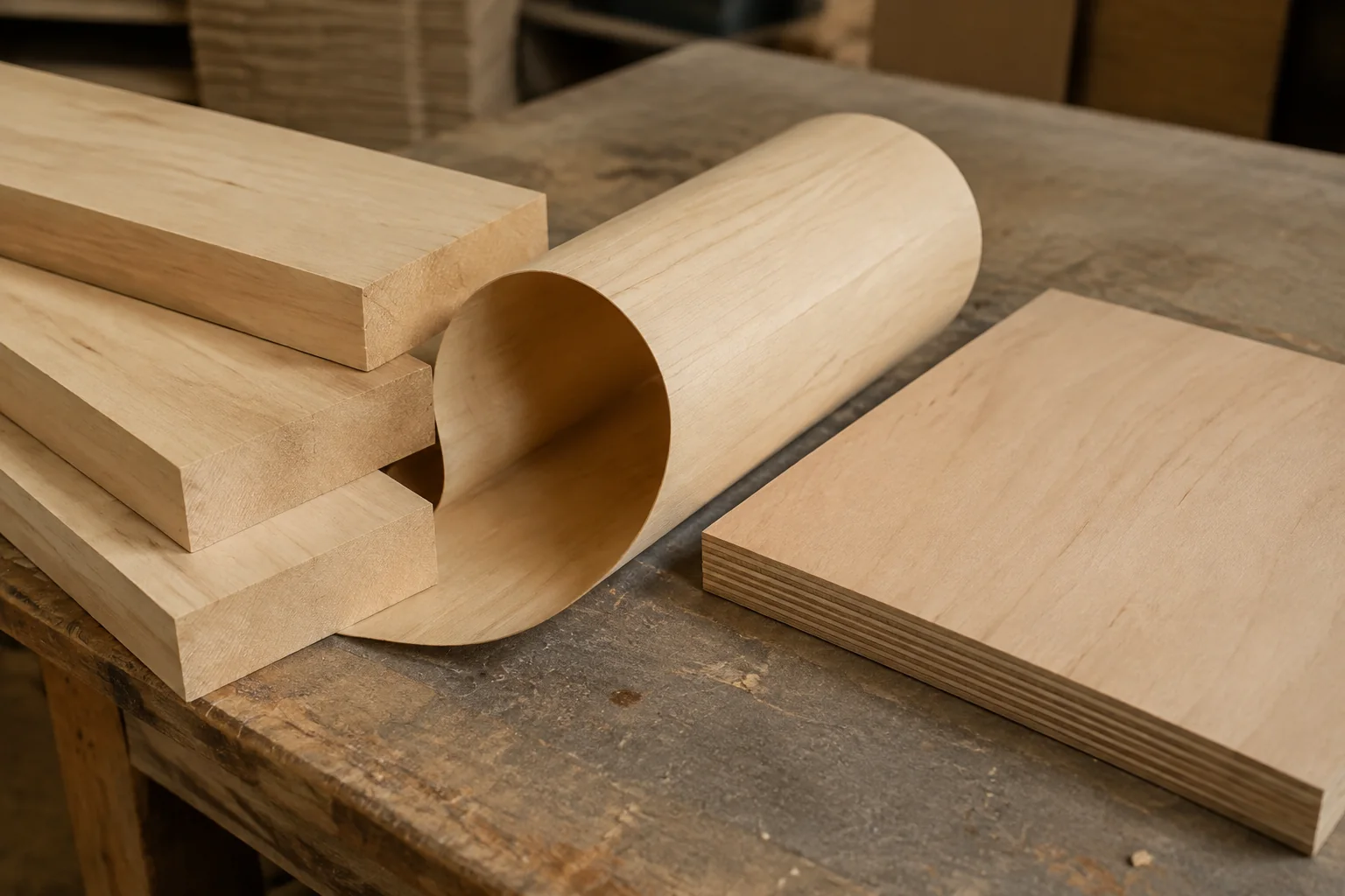 Pale timber boards, a thin veneer ribbon and a finished plywood offcut.