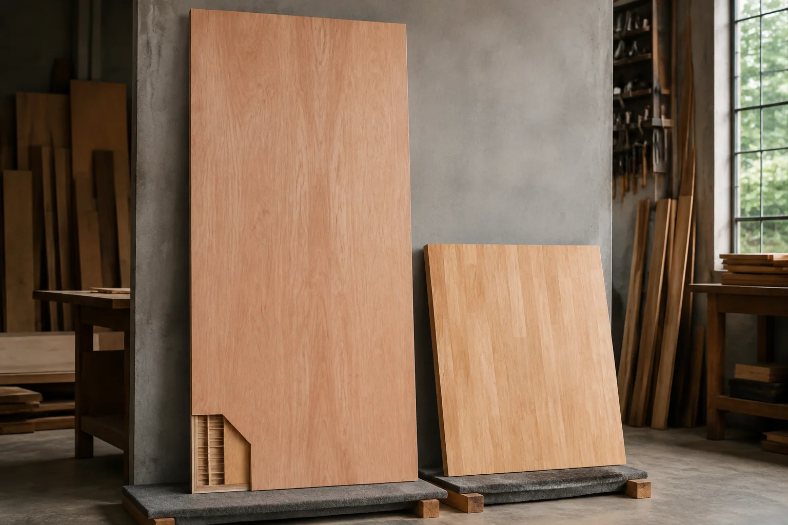 Unfinished door slab and board sample in a joinery workroom.