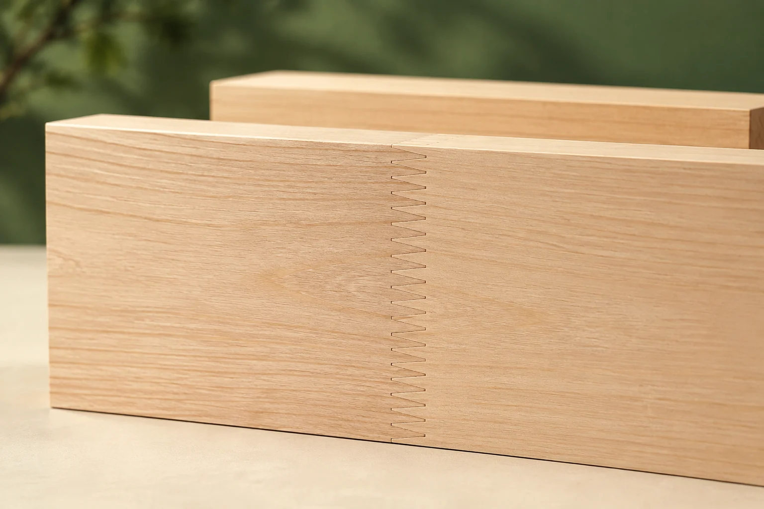 Close view of a flush finger-jointed splice across a solid wood board