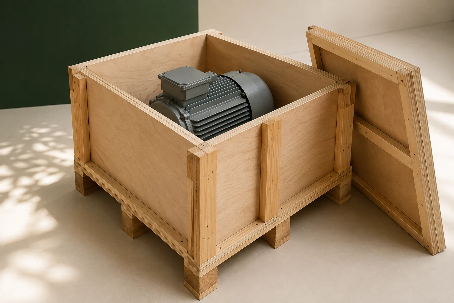 Open plywood case with timber battens and skids surrounding an unbranded motor