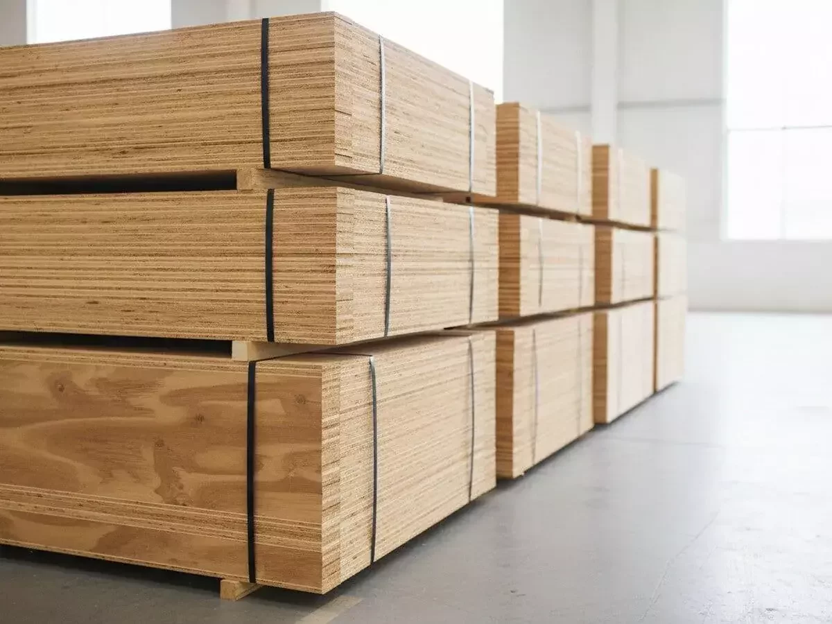 Strapped bundles of plywood sheets