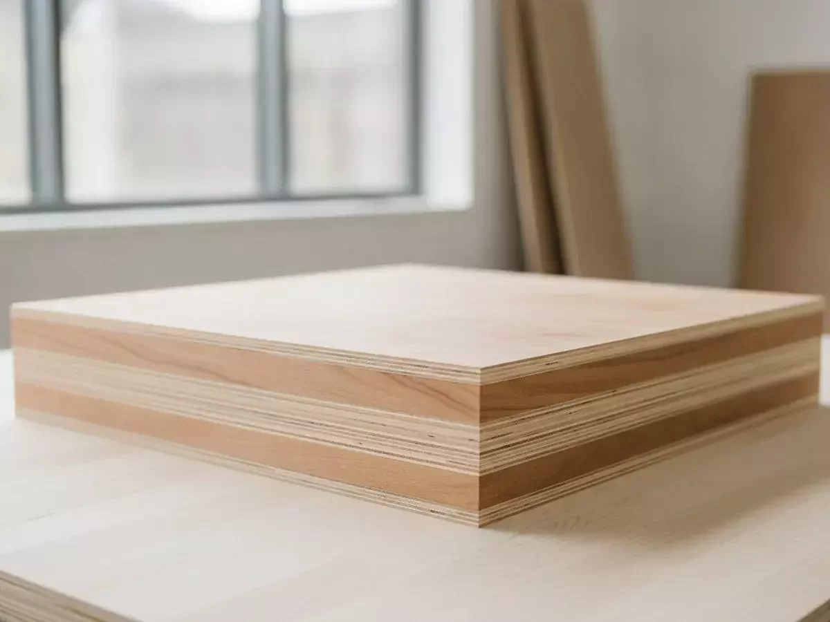 Layered plywood panel sample on a timber desk