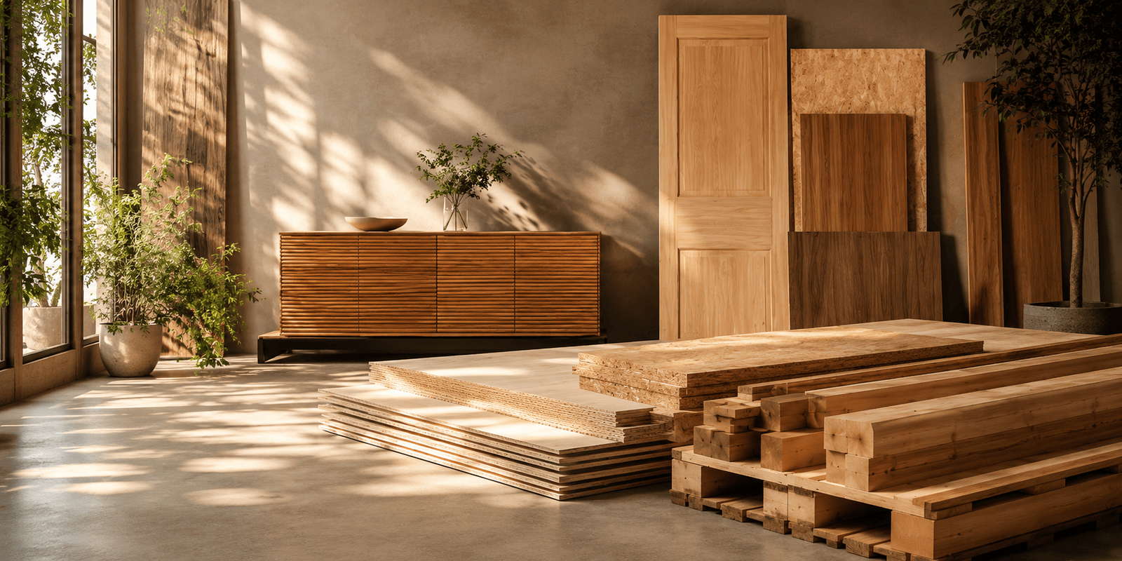 Sunlit workshop interior with stacked plywood panels, a flush door, OSB and sawn timber beams — engineered wood manufactured by Cochin Wood Industries