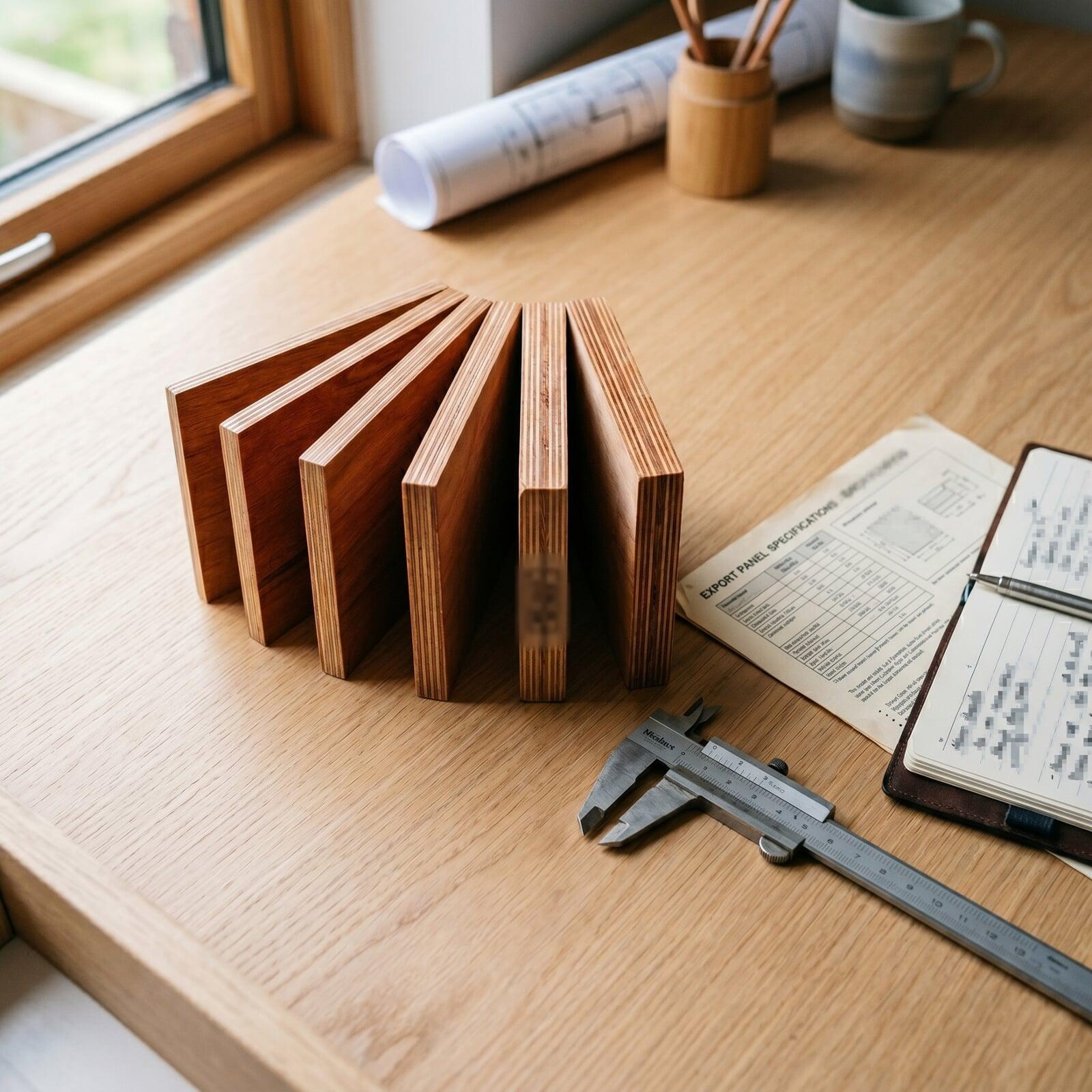Plywood grade samples, edge stamps and export spec sheets on the Cochin Wood Industries export desk