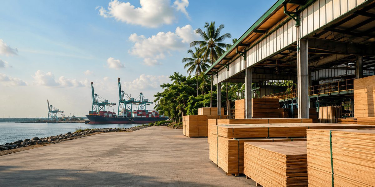 Cochin Wood Industries — plywood and sawn timber stacked at a Kerala yard beside Cochin Port, four decades on the Periyar