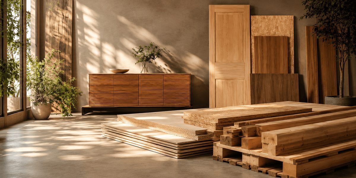 Sunlit workshop interior with stacked plywood panels, a flush door, OSB and sawn timber beams — engineered wood manufactured by Cochin Wood Industries