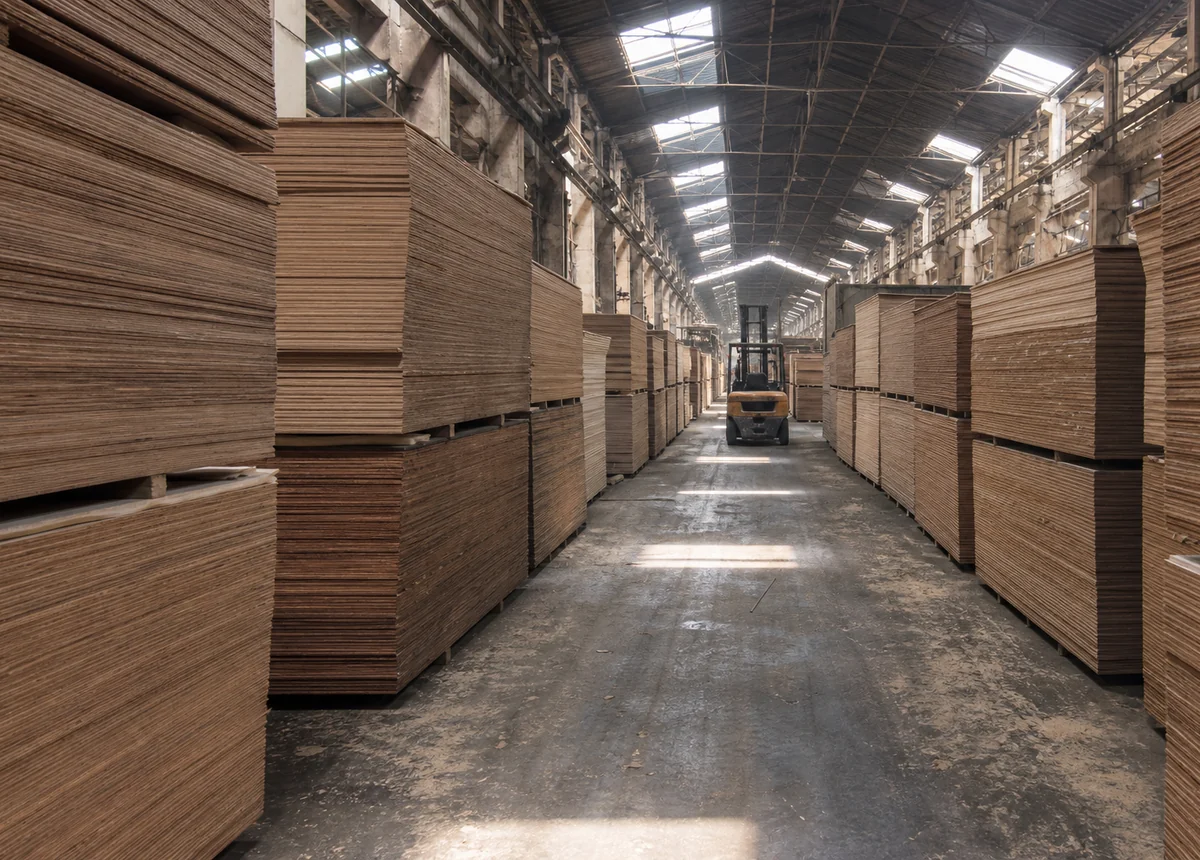 Finishing hall of a plywood mill, bundles of panels stacked in long rows with a forklift in the aisle