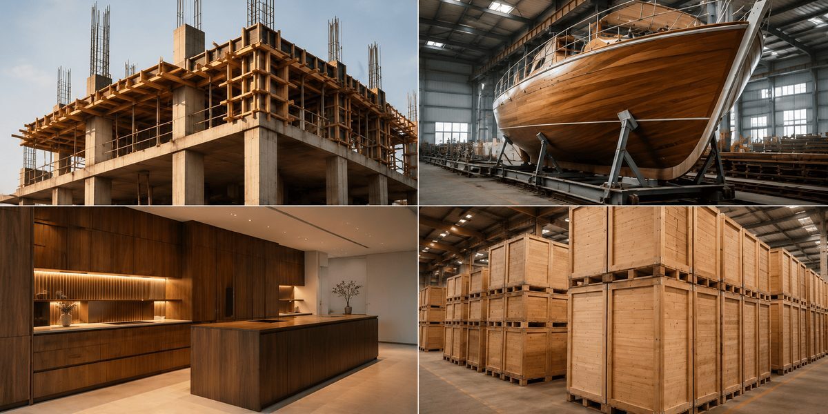 Stacks of plywood sheets, engineered panels and sawn timber — the Cochin Wood Industries product range