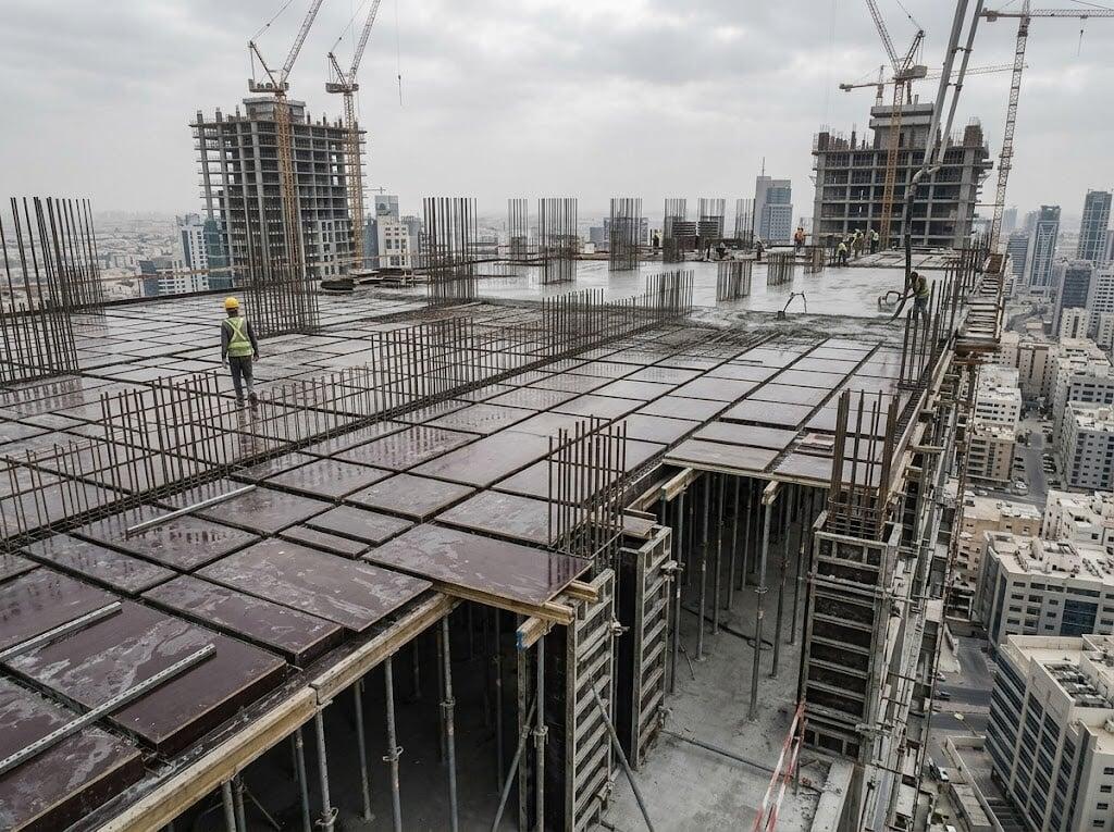 Concrete formwork on a high-rise construction site using shuttering plywood