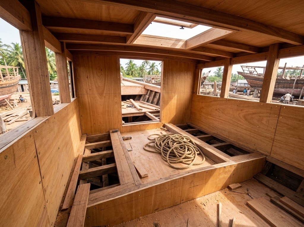 Boat deck and coastal interior built with marine-grade plywood