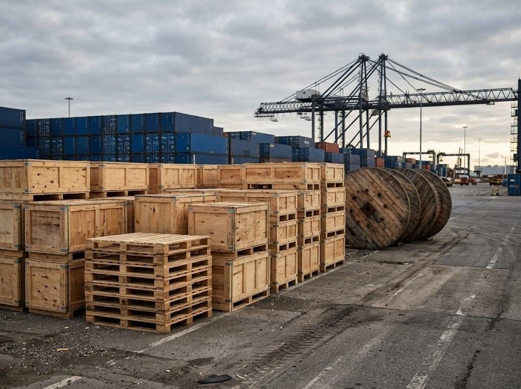 Export crates, pallets and cable drums stacked at port for shipping