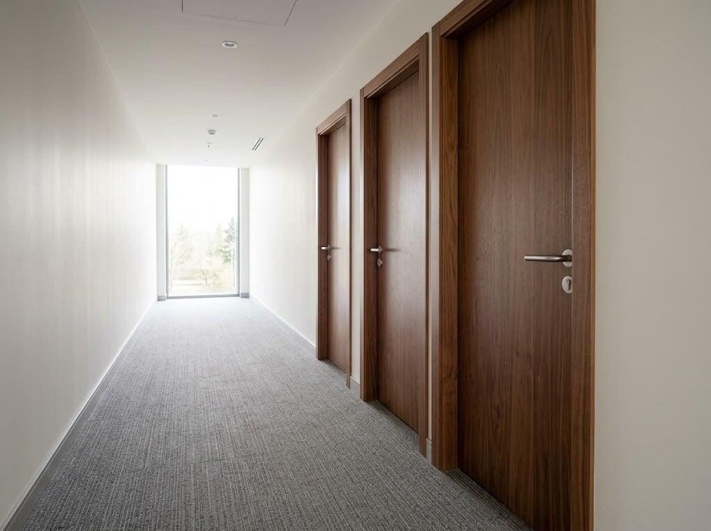 Flush doors and partition system installed in a commercial interior