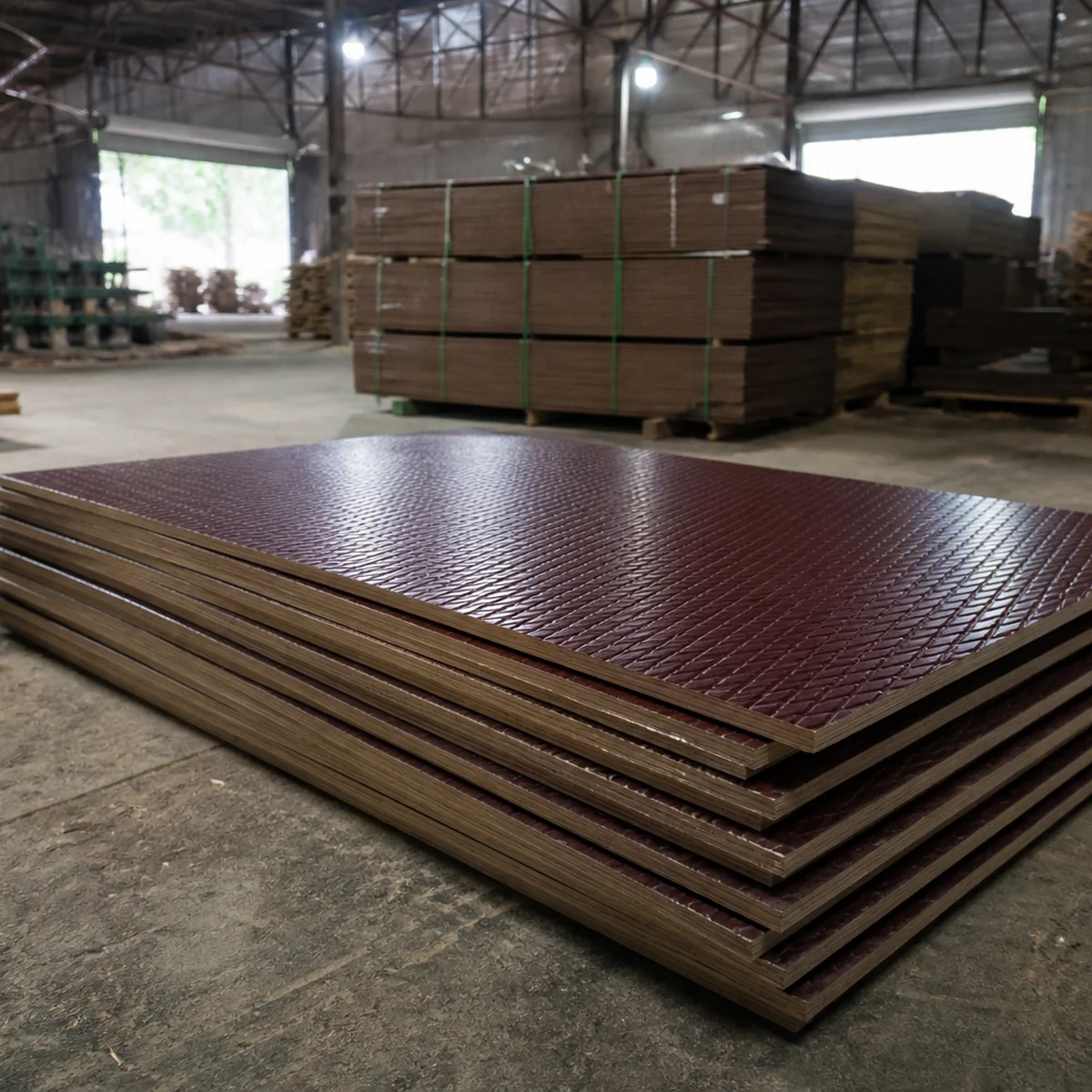 Plywood panels with a dark maroon textured anti-skid face