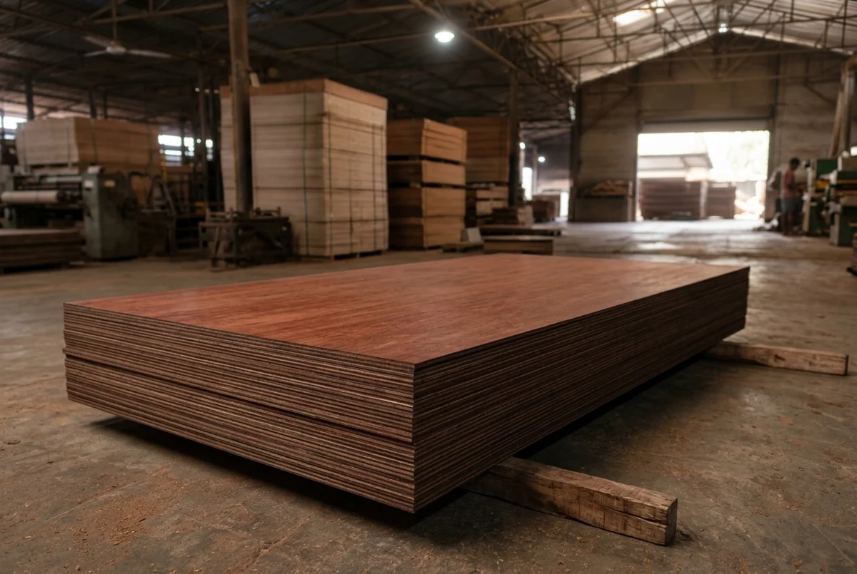 Reddish hardwood-faced panels with dark edges stacked in the foreground