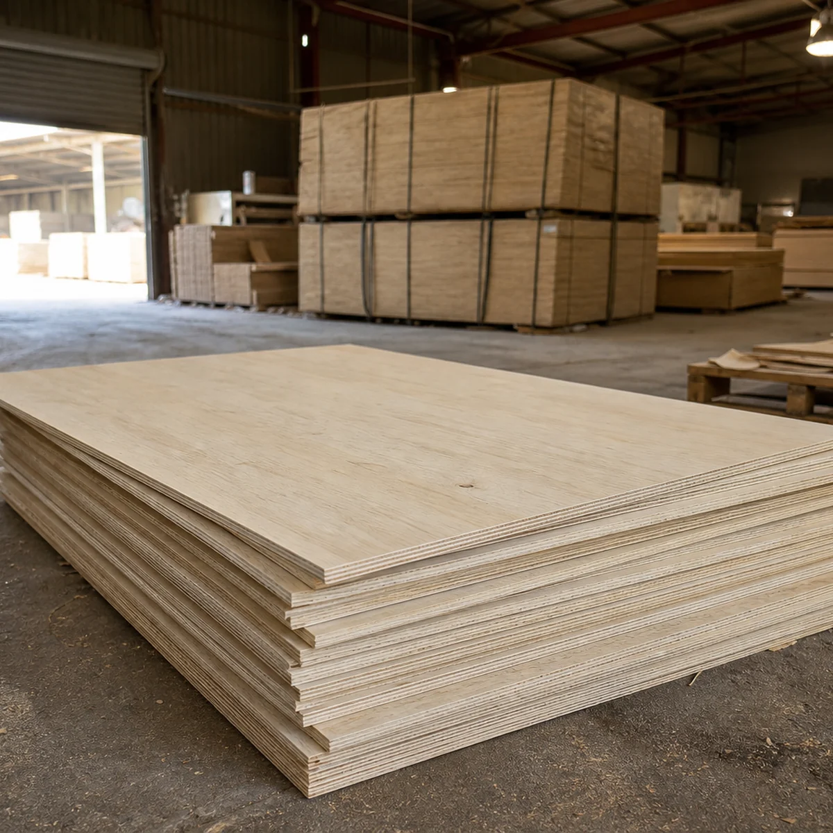 A stack of pale cream plywood panels with bundled sheets behind