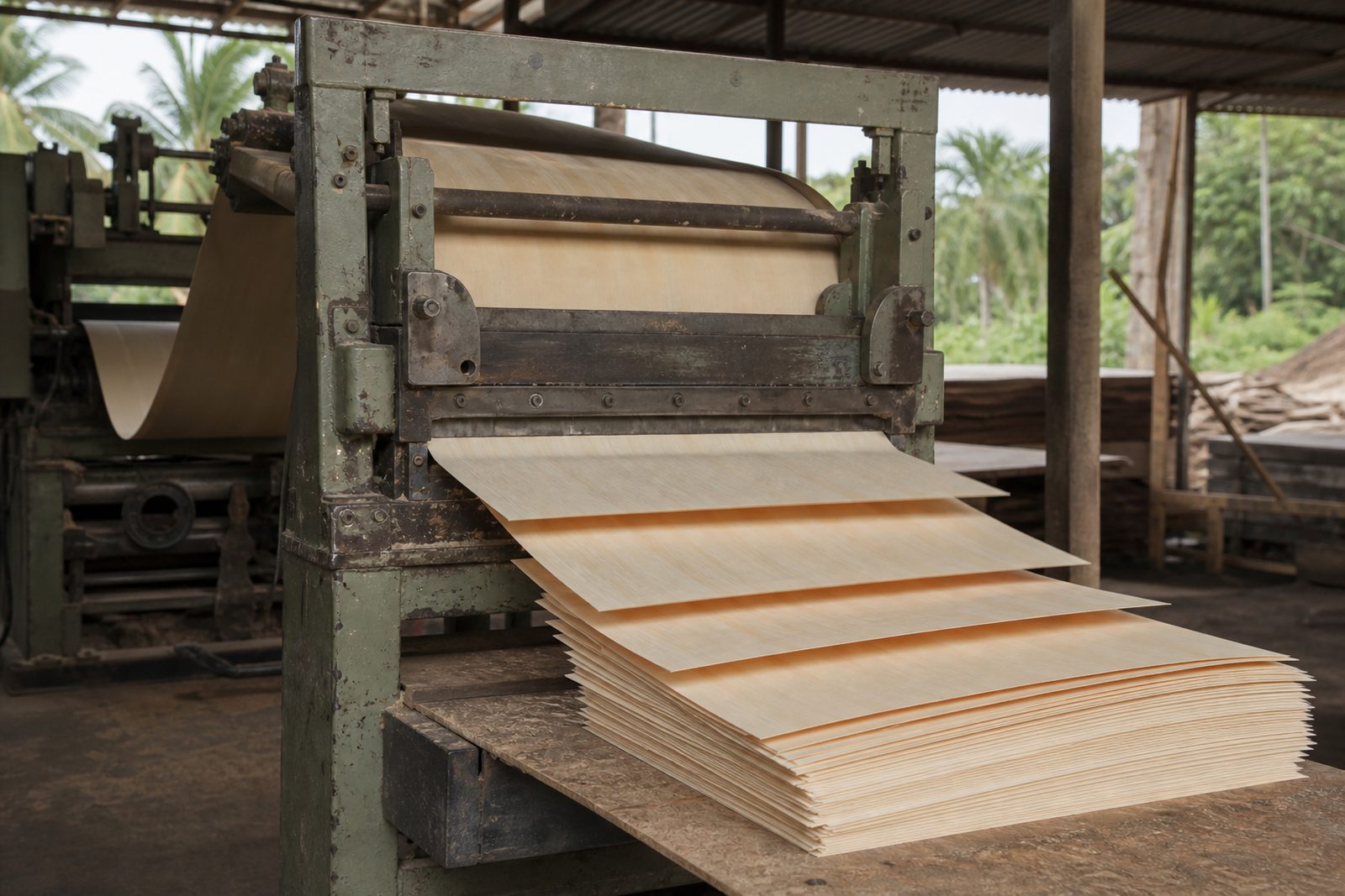 Veneer clipper cutting a ribbon into rectangular sheets
