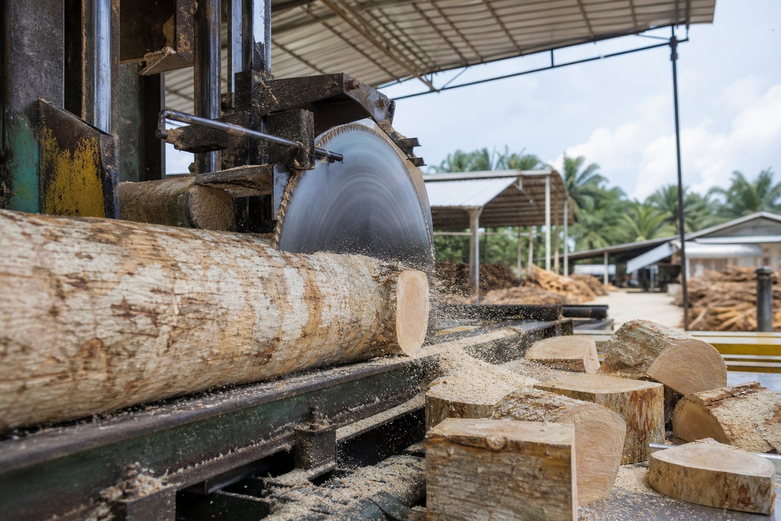 Crosscut saw squaring a rubberwood log into short peeler blocks