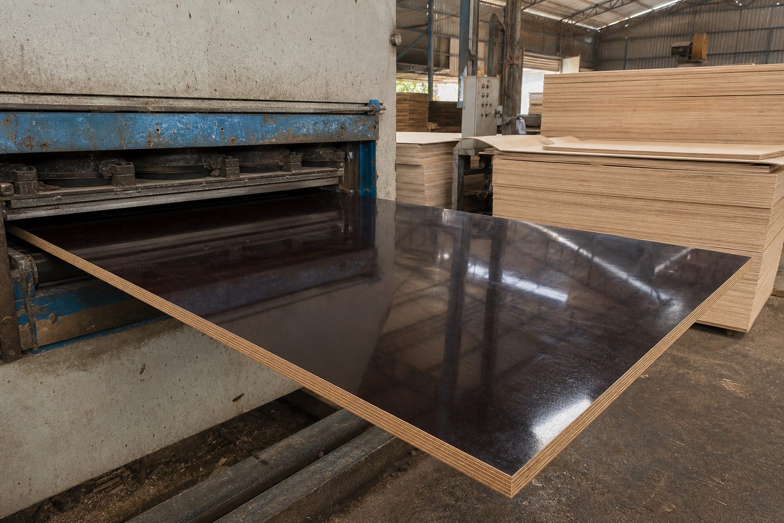 Dark brown film-faced plywood panel emerging from a press