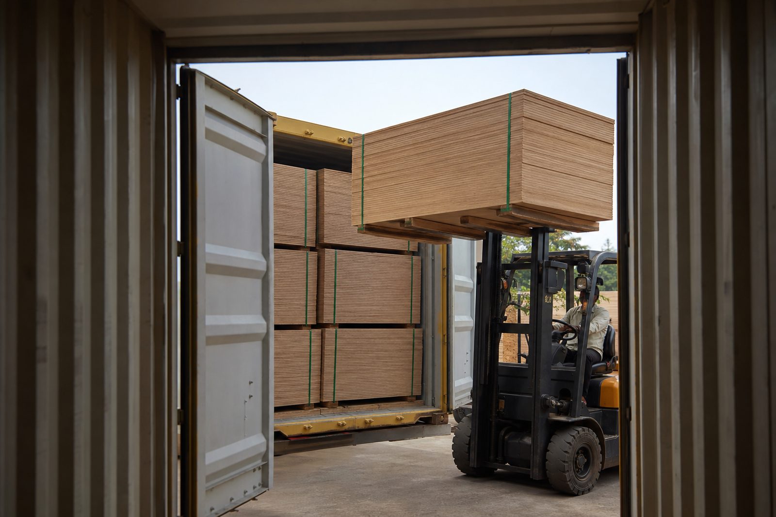 Forklift loading strapped plywood bundles into a shipping container