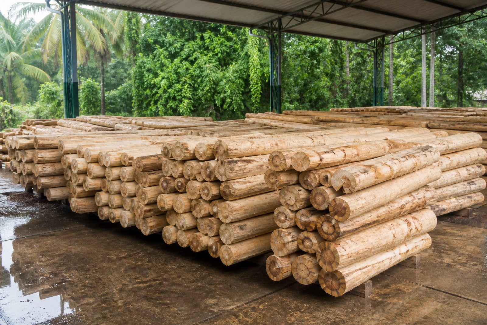 Debarked rubberwood logs stacked in an open mill yard