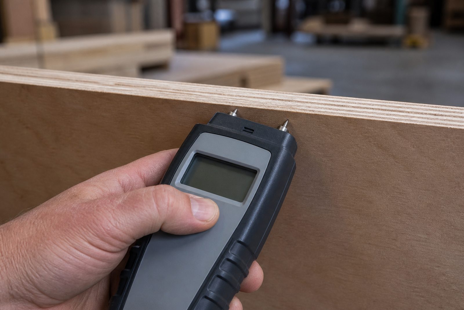 Pin-type moisture meter held against a plywood panel edge