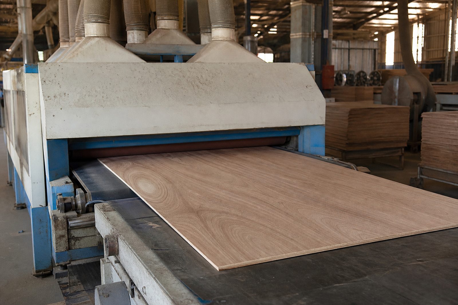Wide-belt sander finishing a plywood panel under dust extraction hoods