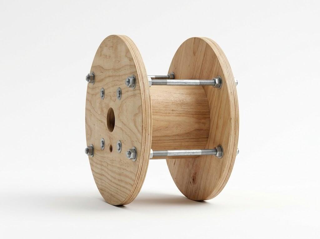 Plywood cable drum with steel rod assembly and hardwood arbor