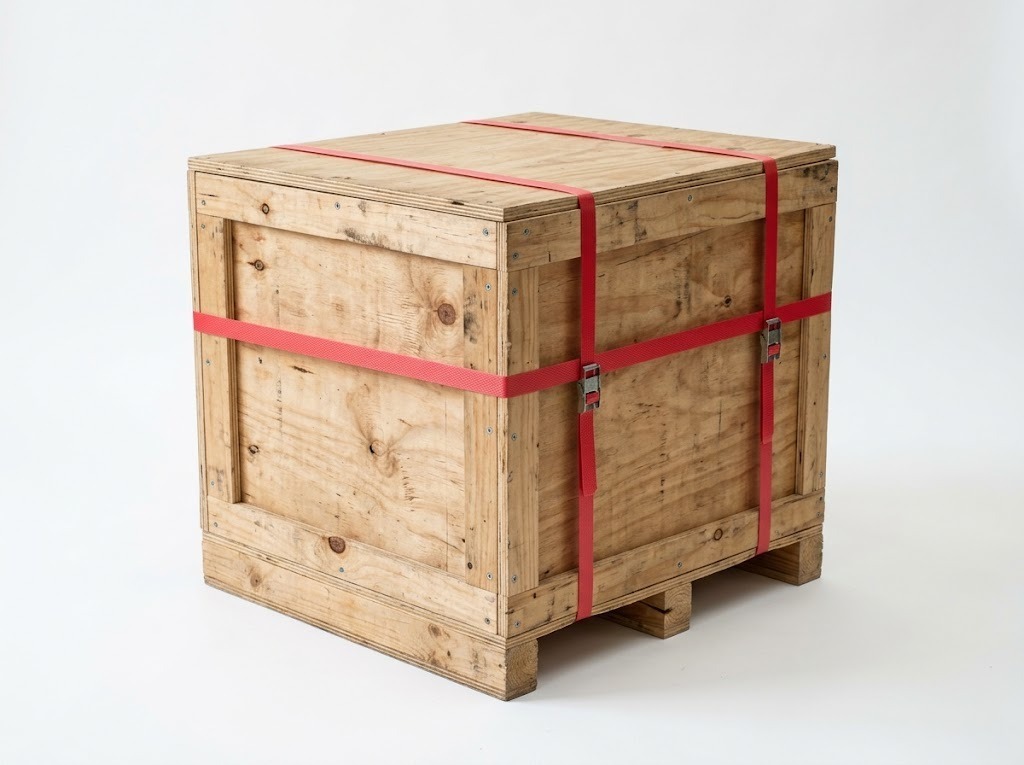 Plywood export crate with banded contents ready for sea freight