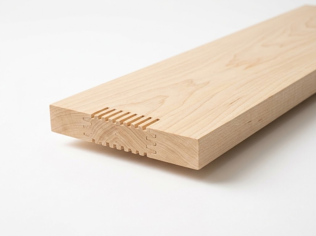 Finger-joint solid hardwood board showing edge and end joinery