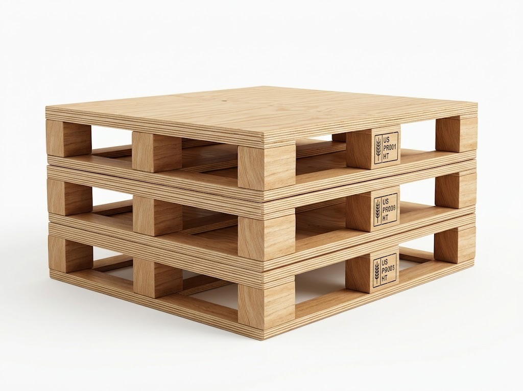Stacked Cochin Wood plywood pallets with ISPM-15 heat-treated stamps, ready for export