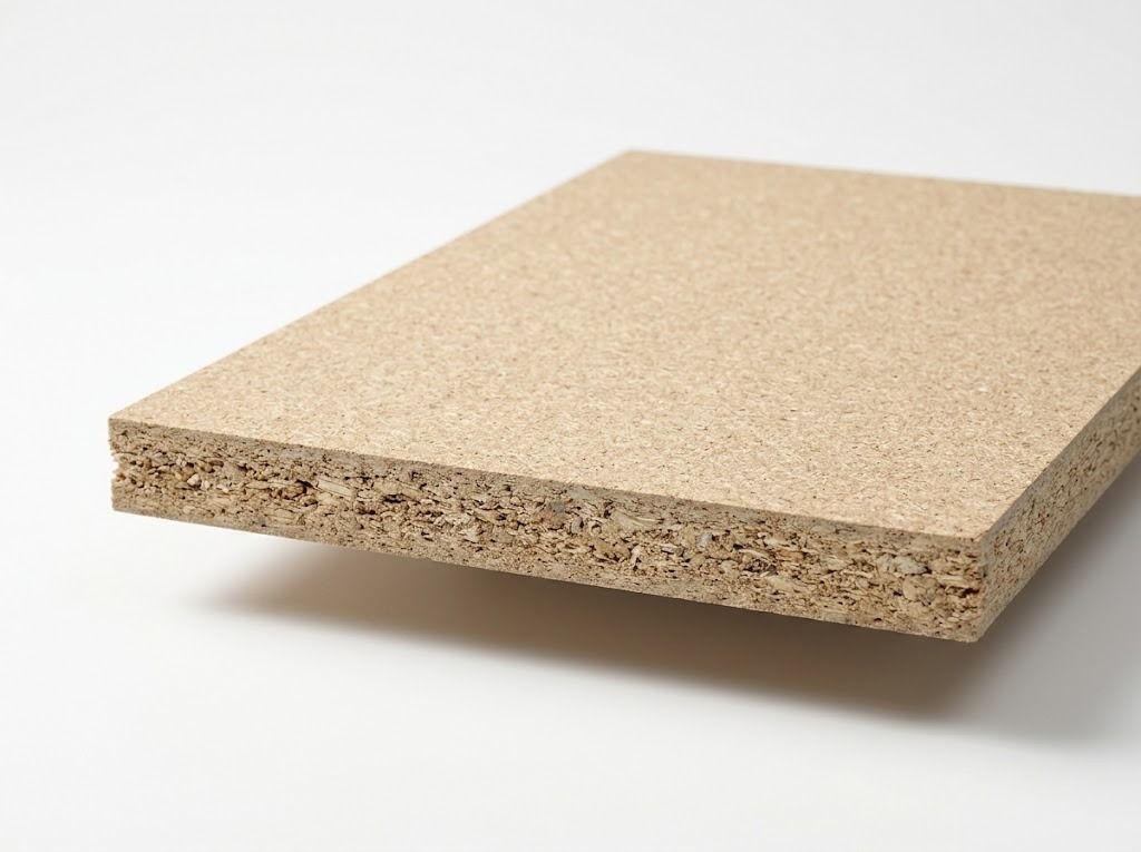 Pre-laminated particle board sheet stack at the warehouse