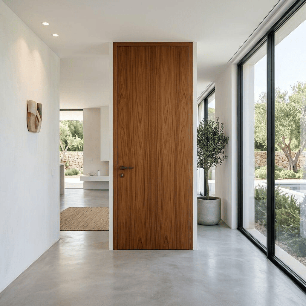 Modern flush door in a minimalist interior with full-height windows, built with Cochin Wood solid-core flush doors
