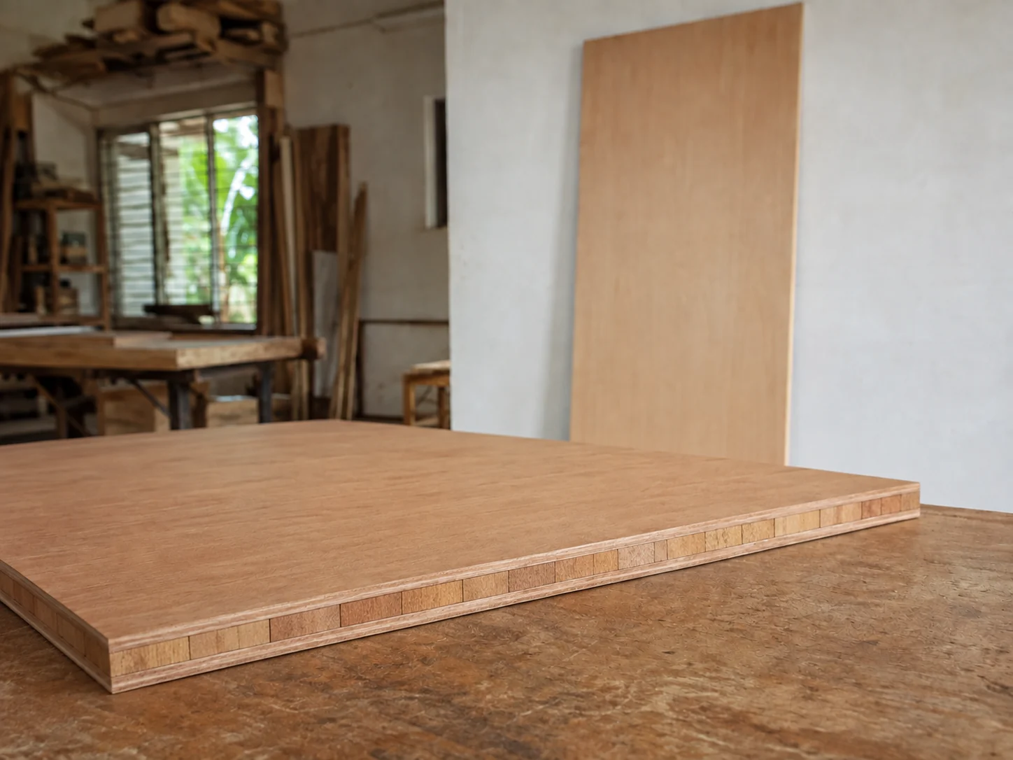 Slim blockboard showing one timber-strip core beneath veneer faces, with a plain door leaf behind