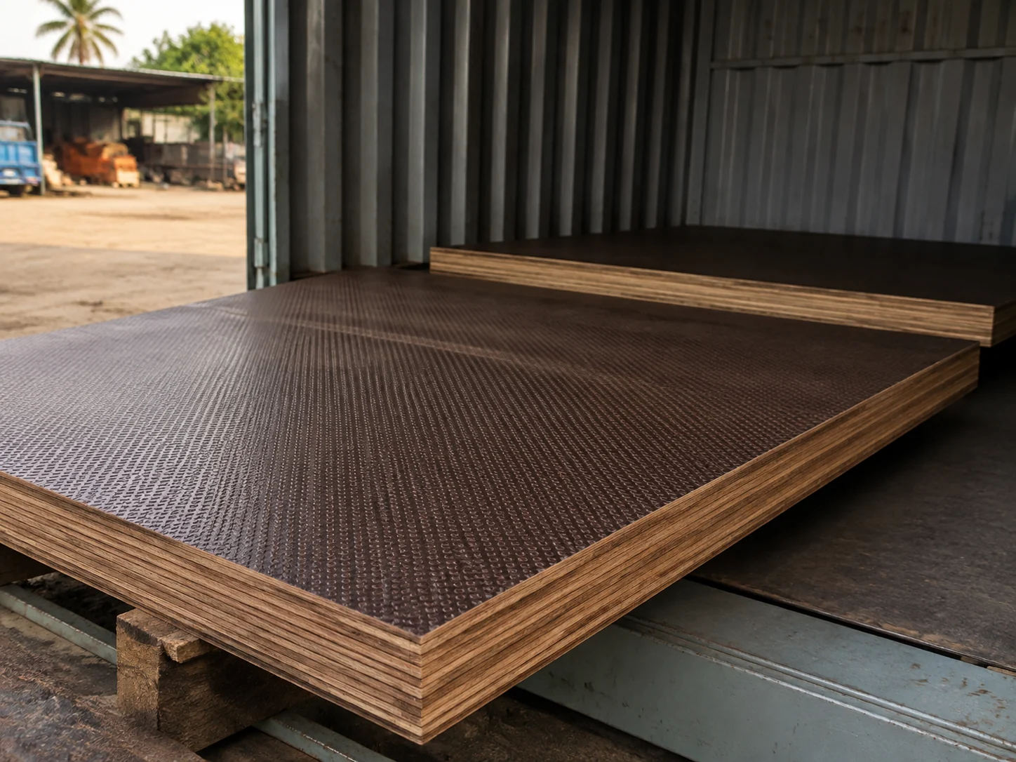 Dense plywood flooring panels with a textured brown face at a container doorway