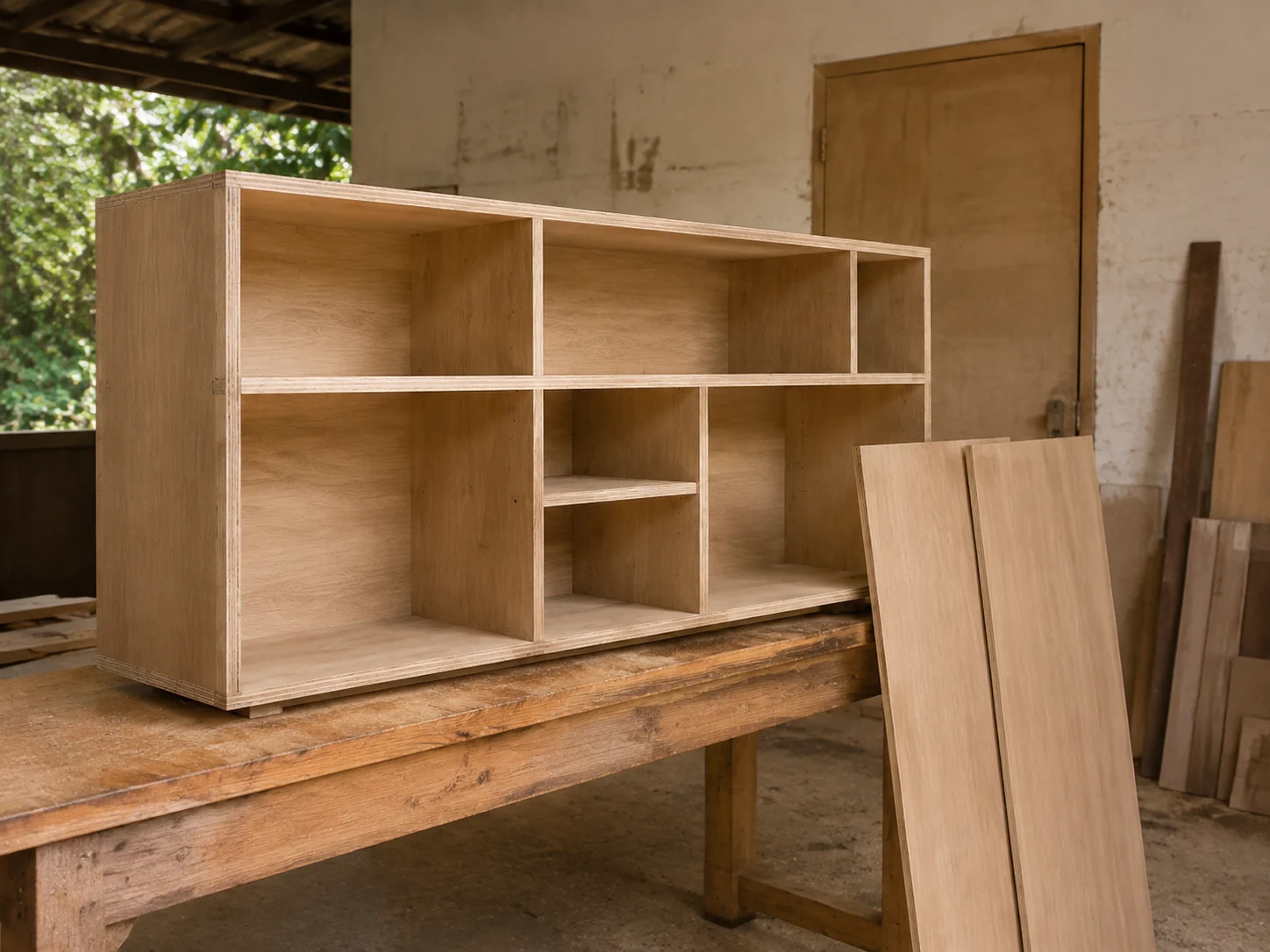 An unfinished plywood cabinet and cut panels on a joinery workshop bench